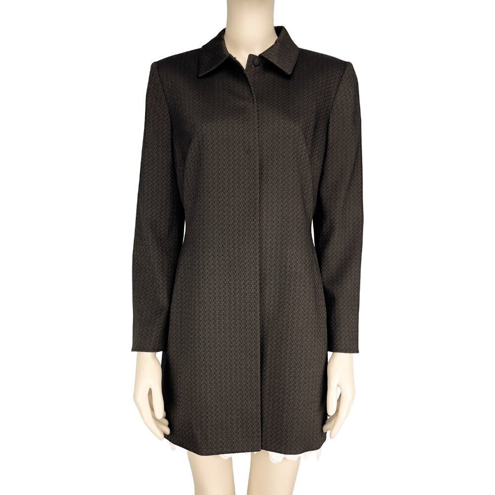 Tahari ASL Levine Petite Green Black Geometric Print Longline Jacket Coat 10P